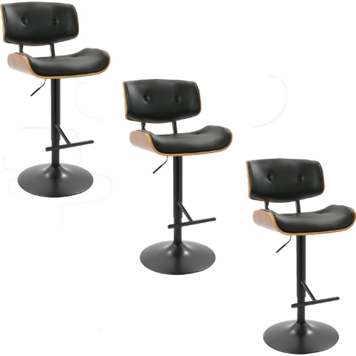 Lombardi Adjustable Swivel Bar Stool in Black Metal, Walnut Wood & Black Leatherette (Set of 3)